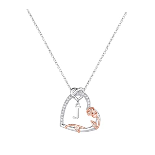 Liebe Herz Halskette für Frauen Weißgold Vergoldet Rose Blume Kette Damen Cubic Zirkonia Anhänger Jahrestag Muttertag Geburtstag Schmuck für Mutter Tochter Frau Mädchen Geschenk von JIANGML
