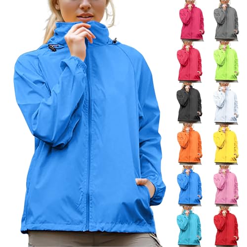 Regenjacke Damen Wasserdicht Atmungsaktiv Softshelljacke Ultraleichte Elegant Einfarbig Regenmantel Outdoor Leichte Sommerjacke Große Größen Lang Übergangsjacke mit Kapuze Gefüttert Funktionsjacke von JIANGML