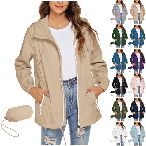 Regenjacke Damen Wasserdicht Atmungsaktiv Softshelljacke Ultraleichte Elegant Einfarbig Regenmantel Outdoor Leichte Sommerjacke Große Größen Lang Übergangsjacke mit Kapuze Gefüttert Funktionsjacke von JIANGML