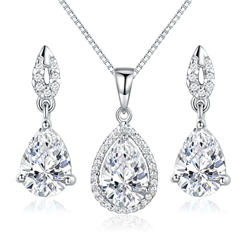 JIANGXIN 925 Sterling Silber 5A Zirkonia Schmuckset Damen Kette Tropfen Ohrring Halskette Anhänger Ohrstecker 45CM Kettenlänge Geschenkverpackung mit Schöne Schmuck Box von JIANGXIN