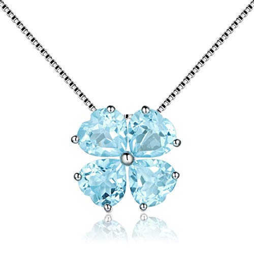 925 Sterling Silber Anhänger Kette Damen Herz Halskette Vierblättriges kleeblatt Glücksbringer Lucky clover Birthstone Aquamarin 40-45cm Verstellbar Ketten Geschenkverpackung von JIANGXIN