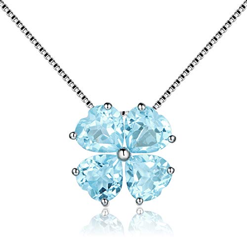 JIANGXIN 925 Sterling Silber Anhänger Kette Damen Herz Halskette Vierblättriges Kleeblatt Glücksbringer Lucky Clover Birthstone Aquamarin 40-45cm Verstellbar Ketten Geschenkverpackung von JIANGXIN