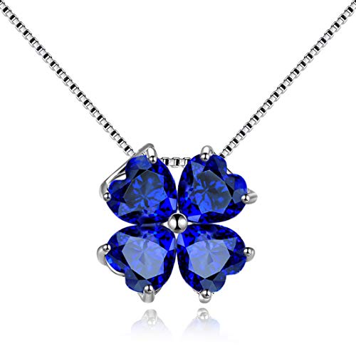 JIANGXIN 925 Sterling Silber Anhänger Kette Damen Herz Halskette Vierblättriges kleeblatt Glücksbringer Lucky clover Synthetischen Blau Saphir 40-45cm Verstellbar Ketten von JIANGXIN