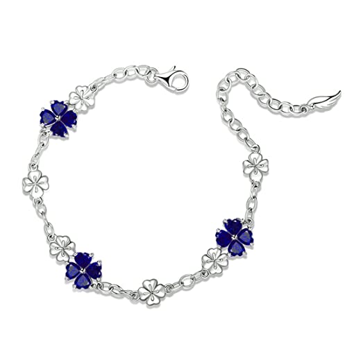 JIANGXIN Birthstone Edelstein Kreirter Saphir Herz Damen Armband 925 Sterling Silber Armkette Glücksbringer Lucky clover für Frauen Mädchen Armbänder Valentinstag von JIANGXIN