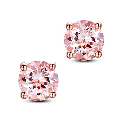 JIANGXIN 8MM Rosa Gold plattierte Ohrringe 925 Silber Ohrstecker Damen Rundschliff Morganit Simpel Ohrschmuck für Frauen Mädchen junge von JIANGXIN