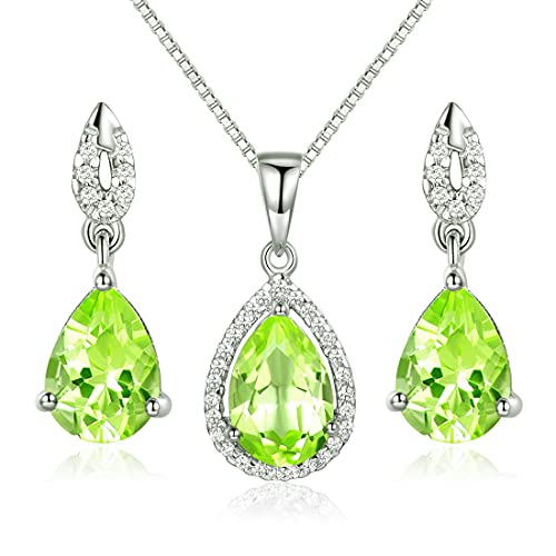 925 Sterling Silber Peridot Schmuckset Damen Kette Tropfen Ohrring Halskette Anhänger Ohrstecker Geschenkverpackung 40+5CM Kettenlänge Party/Jahrestag/Geburtstag von JIANGXIN