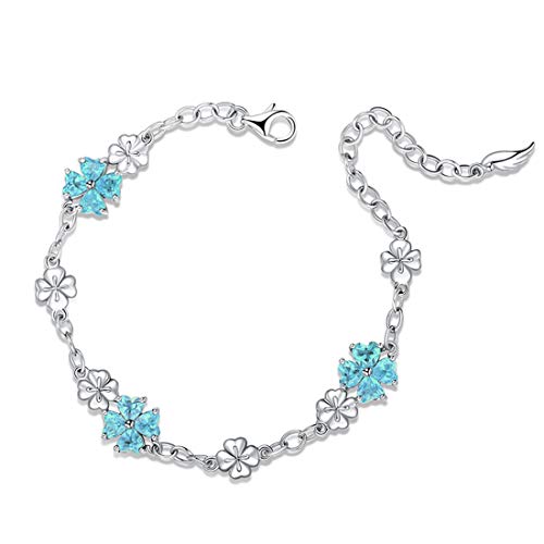 JIANGXIN Birthstone Edelstein Kreirter Aquamarin Herz Damen Armband 925 Sterling Silber Armkette Glücksbringer Lucky clover für Frauen Mädchen Armbänder Valentinstag von JIANGXIN