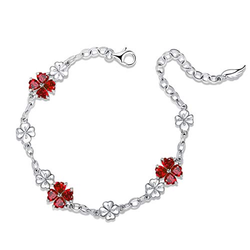 JIANGXIN Birthstone Edelstein Kreirter Granat Herz Damen Armband 925 Sterling Silber Armkette Glücksbringer Lucky clover für Frauen Mädchen Armbänder Valentinstag von JIANGXIN
