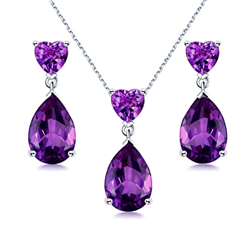 JIANGXIN Geburtsstein Herz Schmuckset 925 Silber Frau Kette Damen Halskette Ohrring Ohrstecker Tropfenschliff Edelstein Mit 45+5CM Kettenlänge 18K weißgold plattierte (Amethyst) von JIANGXIN