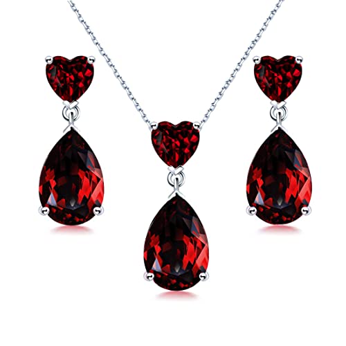 JIANGXIN Geburtsstein Granat Herz Schmuckset 925 Silber Frau Kette Damen Halskette Ohrring Ohrstecker Tropfenschliff Edelstein Mit 45+5CM Kettenlänge 18K weißgold plattierte von JIANGXIN