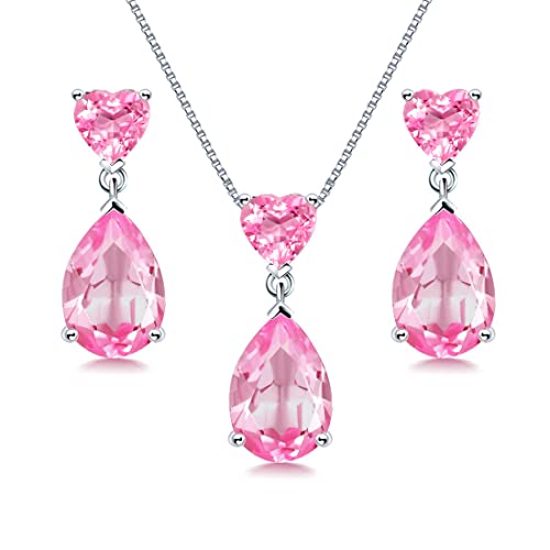 JIANGXIN Geburtsstein Turmaline Herz Schmuckset 925 Silber Frau Kette Damen Halskette Ohrring Ohrstecker Tropfenschliff Edelstein Mit 45+5CM Kettenlänge 18K weißgold plattierte von JIANGXIN