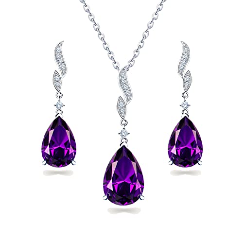 JIANGXIN Klassisch Amethyst Geburtsstein Schmuckset 925 Sterling Silber Frau Kette Damen Halskette Ohrring Ohrstecker Tropfenschliff Edelstein Mit 45+5CM Kettenlänge Mit Exquisite SchmuckBox von JIANGXIN