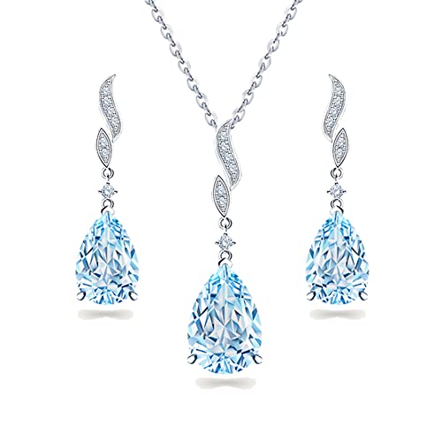 JIANGXIN Klassisch Aquamarin Geburtsstein Schmuckset 925 Sterling Silber Frau Kette Damen Halskette Ohrring Ohrstecker Tropfenschliff Edelstein Mit 45+5CM Kettenlänge Mit Exquisite SchmuckBox von JIANGXIN