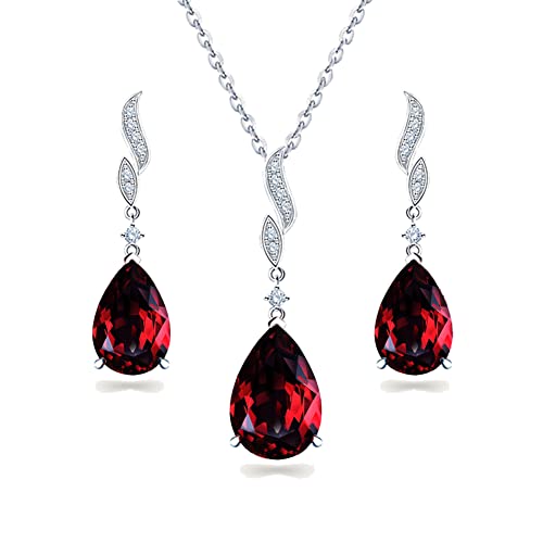 JIANGXIN Klassisch Granat Geburtsstein Schmuckset 925 Sterling Silber Frau Kette Damen Halskette Ohrring Ohrstecker Tropfenschliff Edelstein Mit 45+5CM Kette Mit Exquisite SchmuckBox von JIANGXIN