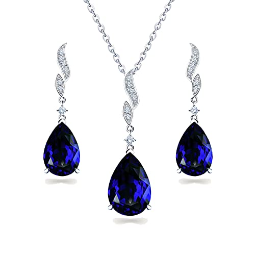 JIANGXIN Klassisch SaphirGeburtsstein Schmuckset 925 Sterling Silber Frau Kette Damen Halskette Ohrring Ohrstecker Tropfenschliff Edelstein Mit 45+5CM Kette Mit Exquisite SchmuckBox von JIANGXIN