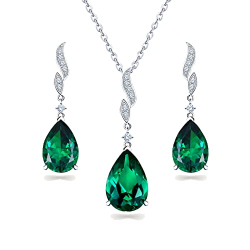 JIANGXIN Klassisch Smaragd Geburtsstein Schmuckset 925 Sterling Silber Frau Kette Damen Halskette Ohrring Ohrstecker Tropfenschliff Edelstein Mit 45+5CM Ketten 18K weißgold plattierte Mit SchmuckBox von JIANGXIN