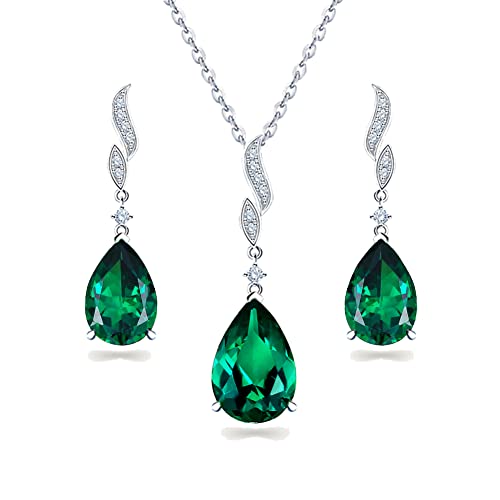 JIANGXIN Klassisch Smaragd Geburtsstein Schmuckset 925 Sterling Silber Frau Kette Damen Halskette Ohrring Ohrstecker Tropfenschliff Edelstein Mit 45+5CM Ketten 18K weißgold plattierte Mit SchmuckBox von JIANGXIN