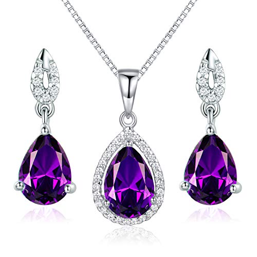 Schmuckset Silber 925 Damen Kette Ohrring Halskette Anhänger Ohrstecker Tropfen Edel mit Amethyst Geschenk Verpackung 40+5CM Kettenlänge Geschenke für Party/Jahrestag/Geburtstag von JIANGXIN
