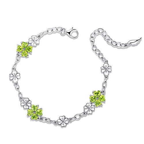 JIANGXIN Birthstone Edelstein Kreirter Peridot Herz Damen Armband 925 Sterling Silber Armkette Glücksbringer Lucky clover für Frauen Mädchen Armbänder Valentinstag von JIANGXIN