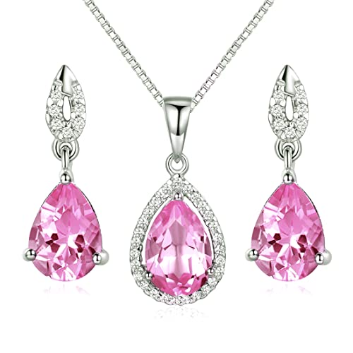 Rosa Turmalin Tropfenschliff Schmuckset 925 Sterling Silber Damen Kette Ohrring Halskette Anhänger Ohrstecker 40+5CM Kettenlänge Geschenkverpackung mit Schöne Schmuck Box von JIANGXIN