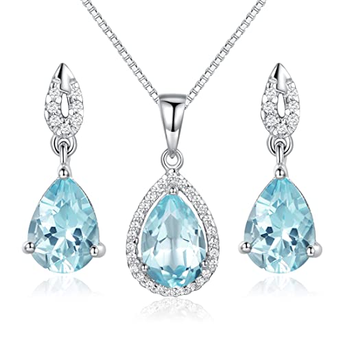 JIANGXIN 925 Sterling Silber Schmuckset Damen Kette Tropfen Ohrring Halskette Anhänger Ohrstecker Aquamarin Geschenkverpackung 40+5CM Kettenlänge Party/Jahrestag/Geburtstag von JIANGXIN