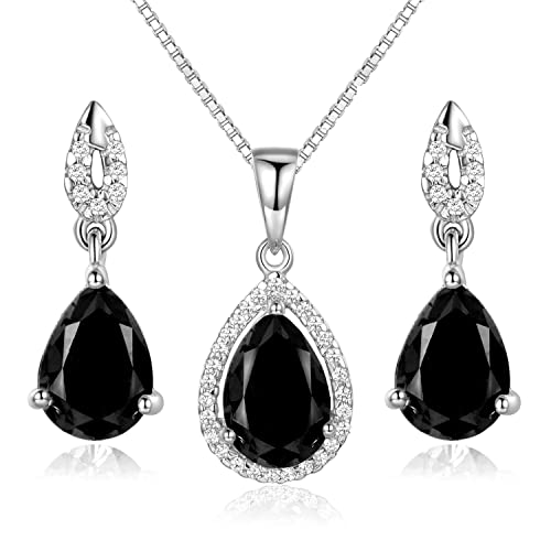 JIANGXIN Tropfenschliff Schwarze Achat Luxus Schmuckset 925 Sterling Silber Damen Kette Ohrring Halskette Anhänger Ohrstecker 40+5CM Kettenlänge Geschenkverpackung mit Schöne Schmuck Box von JIANGXIN