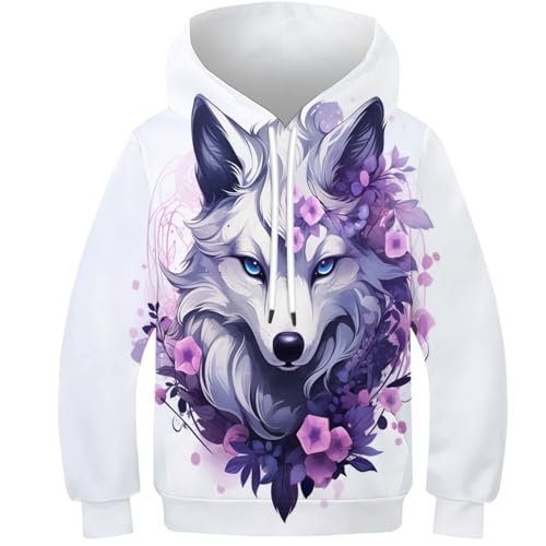 JIANGY Wolf Weiß Lila Hoodie 3D Kapuzenpullover Pullover Kinder Junge Mädchen Langarm Sweatshirts Weich Und Atmungsaktiv 10-12Y von JIANGY