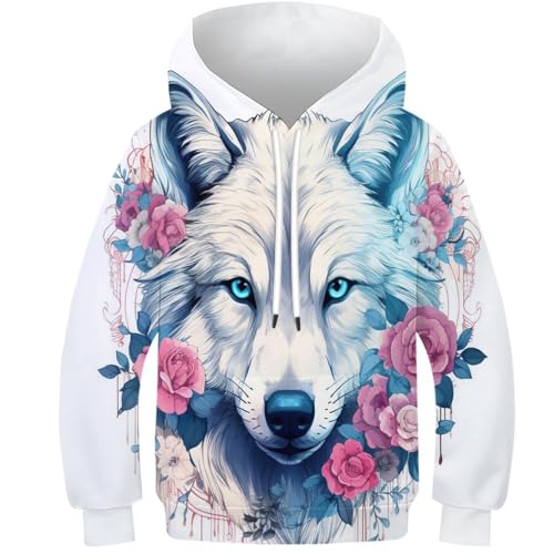 Wolf blühende Blume Sweatshirt Kinder 3D Pullover Junge Kapuzenpullover Hoodies Langarm Jungen Mädchen Weich Und Atmungsaktiv 11-13Y von JIANGY