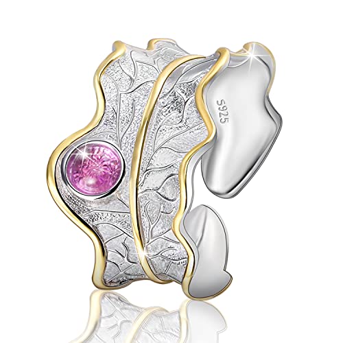 Springlight ✦ Valentinstag Ringe Frauen S925 Sterling Silber Breit Ring Damen Blätter Ring Grüner Stein/Bernstein Groß Naturstein Ring Personalisierter Schmuck Geschenke für Frauen.（Pink） von Lotus Fun