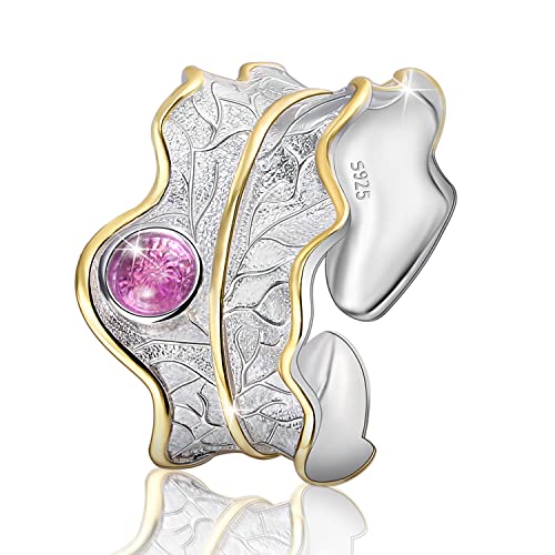 Springlight ✦ Muttertagsgeschenke für Mama Ringe Frauen S925 Sterling Silber Breit Ring Damen Blätter Ring Grüner Stein/Bernstein Groß Naturstein Ring Handmade Schmuck Geschenke für Frauen.（Pink） von Lotus Fun