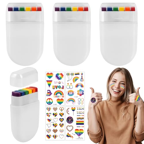 JIANGZHIB Regenbogen Schminkstift 4 Stück, Pride Makeup, 6 Farben Gesicht Regenbogen Schminke Gesichtsfarbe, Mit 4 Regenbogen Aufklebern für Regenbogen Lgbt Party, Paraden, Theaterschminke von JIANGZHIB