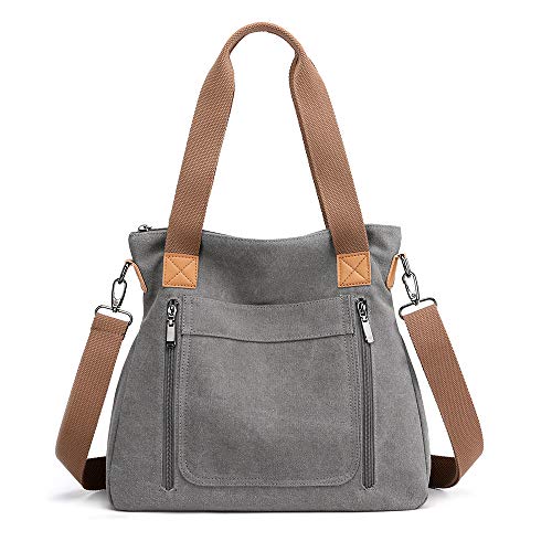 JIANLINST Damen Canvas Handtasche Umhängetaschen Crossbody Taschen Vintage Taschen Multifunktionale Groß Hobo Bag für Schule Lässige Reisen grau von JIANLINST