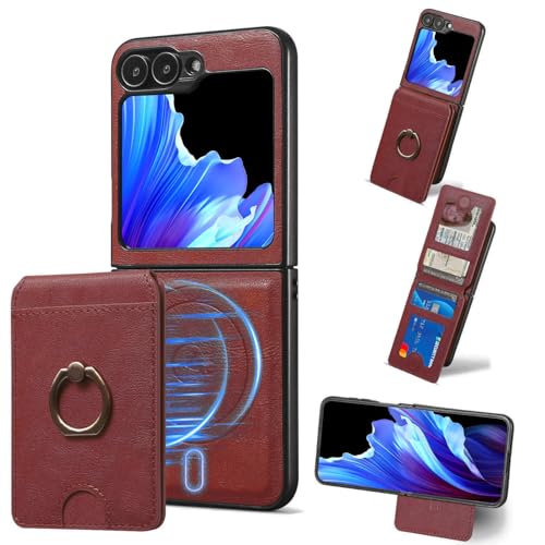 JIAONASHIJIA passend für Samsung Galaxy Z Flip 3 Hülle-Leder Magnet Wallet-RFID-blockierend-2 in 1 Abnehmbarer Kartenhalter-Stoßfestes Cover-Ständer-ID-Fenster.Rot von JIAONASHIJIA