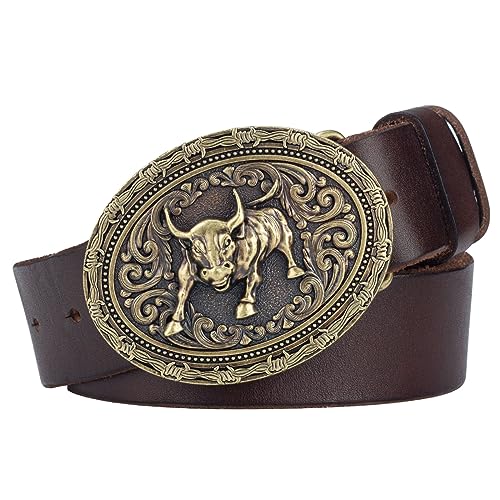 JIARY Gürtel Herren Western Cowboy, Herren-Gürtelherren Gürtel, Ledergürtel mit Longhorn-Stier-Muster Ovale Legierungsschnalle Vintage-Gürtel,Braun,120CM/47.3'' von JIARY