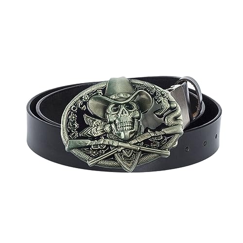 JIARY Herren-Gürtel, Gürtel Herren Cowboy Western, Echtledergürtel mit Totenkopf-Muster Legierungsschnalle Punk-Gürtel,Schwarz,115CM/45.3'' von JIARY