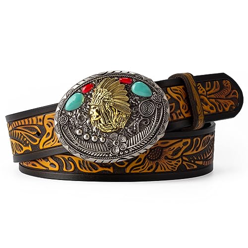 JIARY Herren-Gürtel, Gürtel Herren Leder Western Cowboy, Verstellbarer Echtledergürtel mit 3D-Indianer-Kopfmuster Schnalle Legierung Vintage,A camel,105CM/41.3'' JIARY Herren-Gürtel, Gürtel Herren Leder Western Cowboy, Verstellbarer Echtledergürtel mit 3D-Indianer-Kopfmuster Schnalle Legierung Vintage,A camel,105CM/41.3'' von JIARY