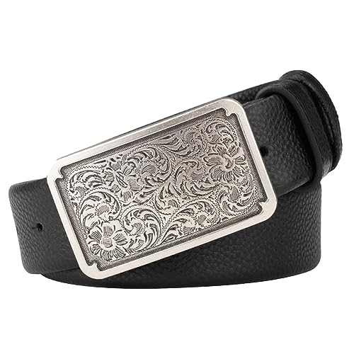 JIARY Herren Gürtel Western Cowboy, Gürtel Herren Leder, Ledergürtel mit graviertem Silbermuster und Quadratischer Schnalle,Schwarz,130CM/51.2'' von JIARY