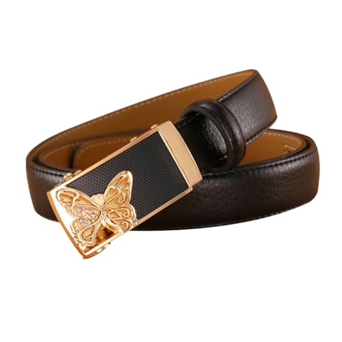 JIARY Ratsche Gürtel Damen, Taillengürtel Damen Modischer Schmaler, Verstellbarer Echtledergürtel mit Quadratischer Schmetterlingsmusterlegierung Automatischer Schnalle,Schwarz,115CM/45.3'' von JIARY