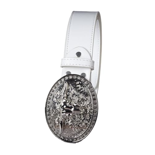 Leather Cowboy Buckle Belt for Men Women Jeans Engraved Floral Longhorn Bull Texas Buckle Belt Gürtel Western Cowboy,Weiß,130cm/51.1IN von JIARY