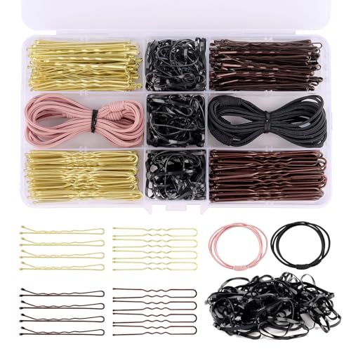410 Stück Bobby Pins Kit, Haarklammern Braun und Gold für Frauen, 100 U-förmige 100 Duttnadeln und 210 Haarbänder mit transparenter Aufbewahrungsbox 410 Stück Bobby Pins Kit, Haarklammern Braun und Gold für Frauen, 100 U-förmige 100 Duttnadeln und 210 Haarbänder mit transparenter Aufbewahrungsbox von JIASI&JIESY