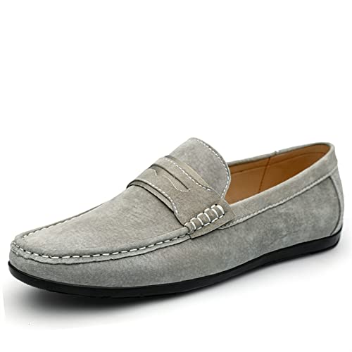 JIAZIB Smoking Loafer for Herren Echtes Leder Penny Loafer Wildleder Vamp Stitching Details Round Toe Flexibel Anti-Rutsch Leicht Beständig Flat Heel Driving (Color : Gris, Size : 44 EU) von JIAZIB
