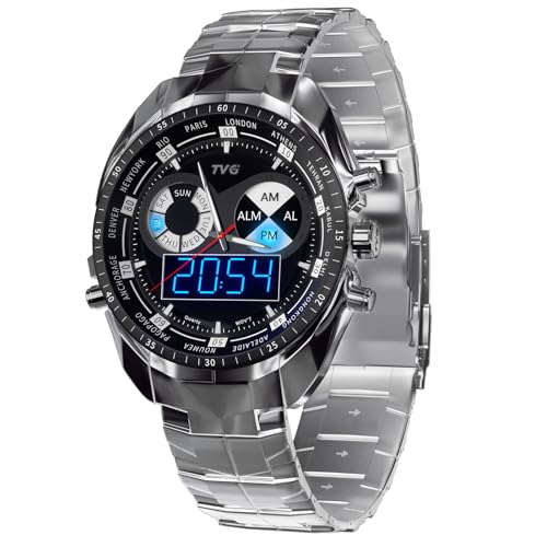 JIBHZIE TVG Herrenuhr, Quarzuhr, elektronische Uhr, Dual-Zeitzonen-Anzeige, wasserdichte Herrenuhr mit Kalender, Wecker, Edelstahluhr JIBHZIE TVG Herrenuhr, Quarzuhr, elektronische Uhr, Dual-Zeitzonen-Anzeige, wasserdichte Herrenuhr mit Kalender, Wecker, Edelstahluhr von JIBHZIE