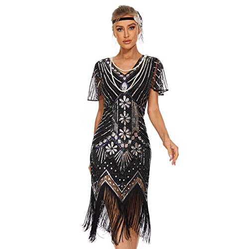 1920er Jahre Kleider für Frauen Flapper Kleid Gatsby Kleider für Frauen 20er Jahre Kostüme 1920 Great Gatsby Thema Brüllen 20er Jahre Kleid, silberfarben / schwarz, 44-46 von JICAGOM