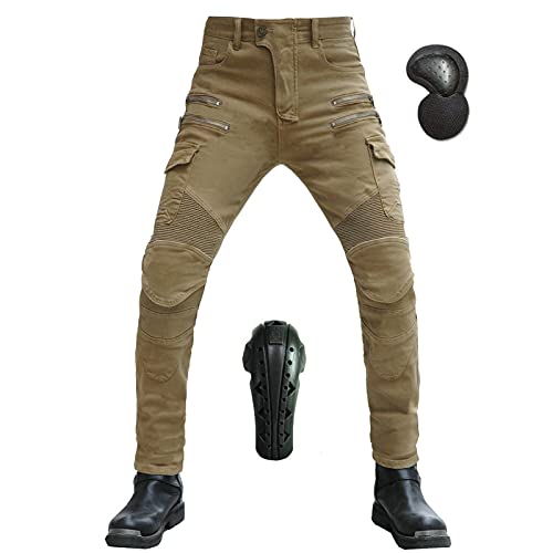 Herren Motorradhose, Motorrad Hosen Winddicht Atmungsaktiv Verschleißfest Anti-Fall Stretch Schutzhose Sportliche Jeans Mit Abnehmbar Verlängert CE Protektoren (Khaki,M) von JICAIXIAYA