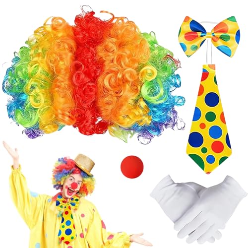 JIEBAO 5 Stück Clown Kostüm Set, Clown Lockenperücke, Clown Nase, Fliege, Krawatte und Handschuhen, Clown Kostüm Accessoire, Clown Accessoires für Karneval Cosplay Party von JIEBAO