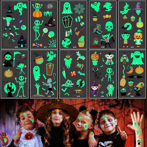 100+ Halloween Tattoos Kinder Halloween Leuchtende Temporäre Tattoo Aufkleber für Kinder Leucht Halloween Deko Kindertattoo Halloween Tattoo Kinder für Halloween Party Mitgebsel von JIEBAO