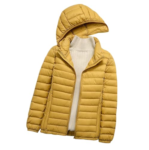 Leichte Steppjacke Damen Lang Federleichte Daunenjacke Damen Kapuzen Leichter Steppmantel Damen Puffer Jacke Mantel Daunenmantel Damen Leicht Down Jacket Women Daunenjacken Damen Frühling Gelb 4XL von JIEDOUKEJI