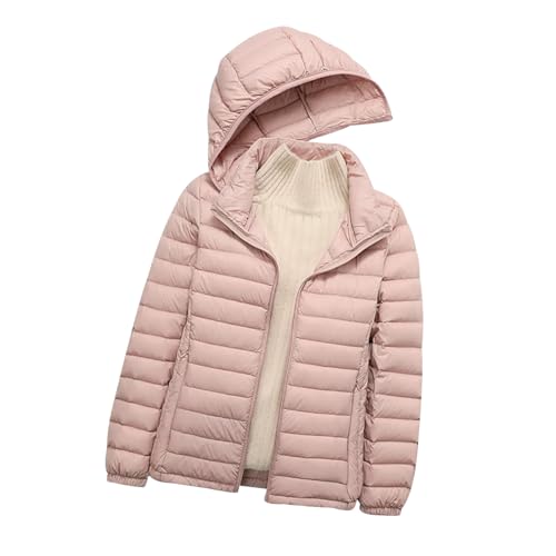 Leichte Steppjacke Damen Lang Federleichte Daunenjacke Damen Kapuzen Leichter Steppmantel Damen Puffer Jacke Mantel Daunenmantel Damen Leicht Down Jacket Women Daunenjacken Damen Frühling Rosa L von JIEDOUKEJI