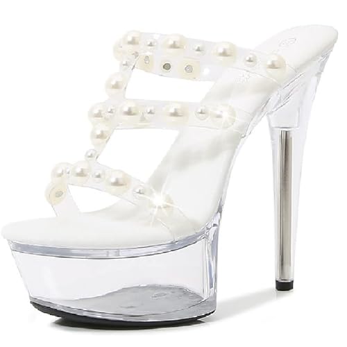 Damen Slipper Peep Toe Stiletto Super High Heel mit 15 cm Plateau mit 5 cm Perlen Damenschuhe z190-551 von JIEEME