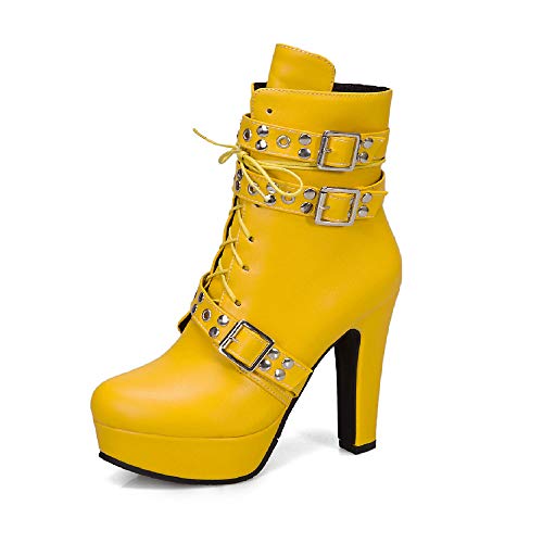 Damenmode Schnür-Reißverschluss Blockabsatz High Heel Rundzehe Plattform Leichtes Gehen Bequeme Kurzschaft Stiefel für Damen z39961 von JIEEME